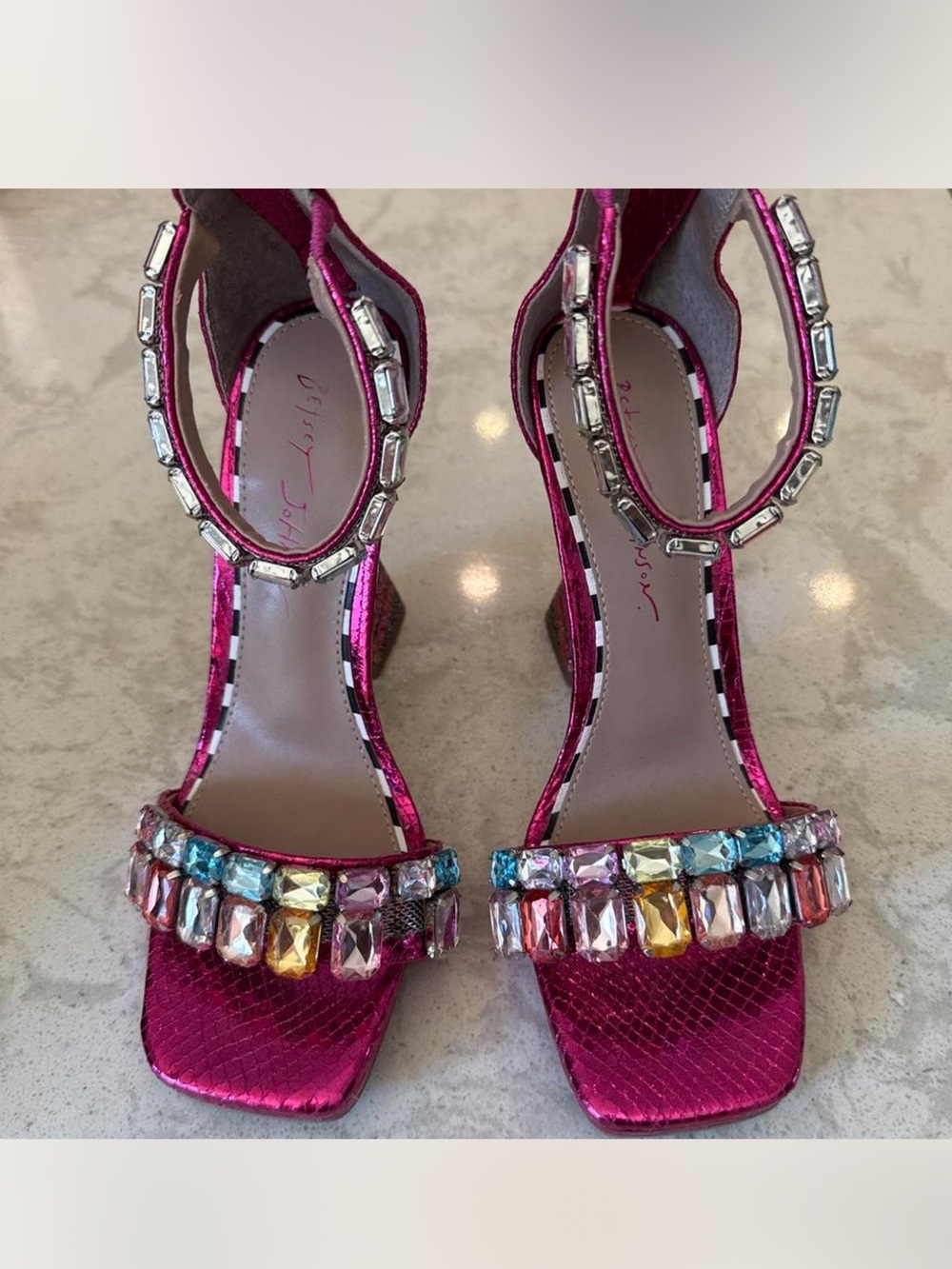 Betsey Johnson Hot Pink Jeweled Ankle-Strap Heels